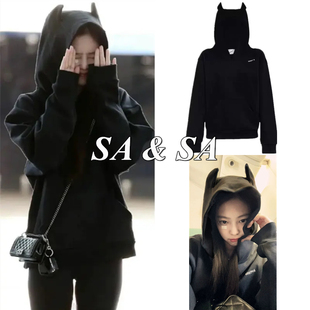Jennie金智妮同款小恶魔连帽卫衣女秋冬字母宽松慵懒风休闲上衣潮
