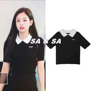 jennie金珍妮同款 蜻蜓刺绣polo领短袖 学院风针织衫 女 上衣2026夏季