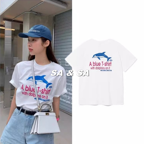 车静媛同款纯棉海豚印花短袖T恤