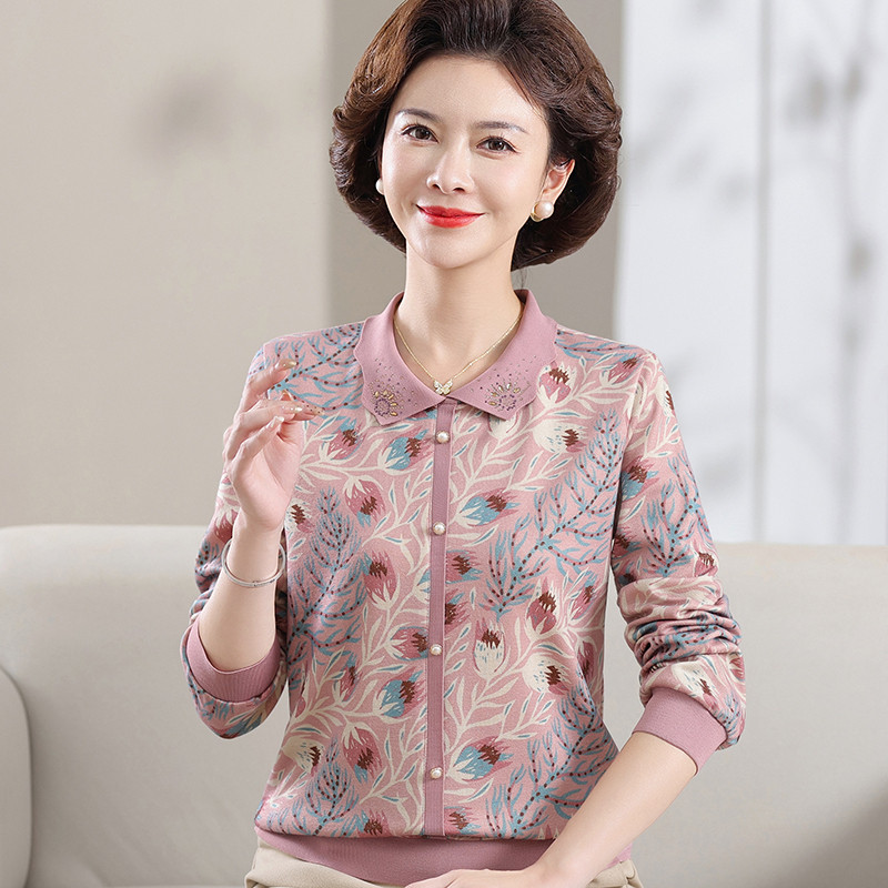 妈妈春装洋气针织宽松上衣翻领打底小衫40岁50中老年女装长袖T恤