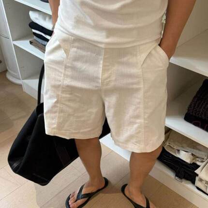 老钱风白色裤子棉麻混纺休闲半截裤男士夏季薄款短裤宽松直筒中裤