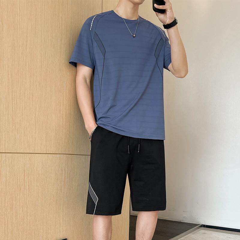 夏季男士冰丝速干运动短袖短裤套装时尚潮流韩版宽松五分裤两件套