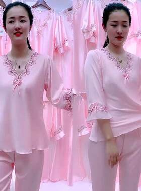 可爱睡衣女夏宽松大码蕾丝花边冰丝裤子两件套家居服性感休闲套装