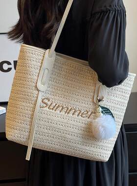 超火编织包包女2025新款海边度假沙滩包草编托特包大容量单肩大包