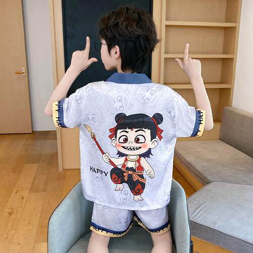 2026新款男童睡衣夏季冰丝短袖薄款儿童男孩大童青少年家居服夏款