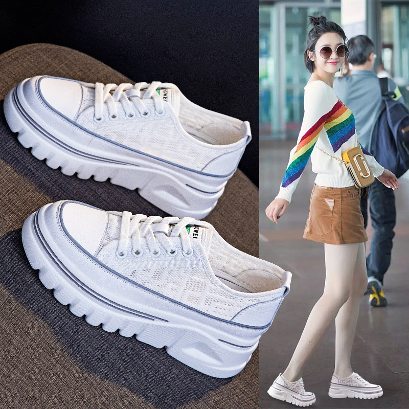 欧洲进口真皮小白鞋女秋新款休闲厚底松糕单鞋百搭爆款内增高女鞋