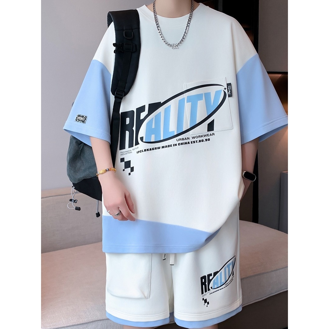 新品折扣青少年冰丝短袖t恤男生初中高中学生休闲运动套装大童夏