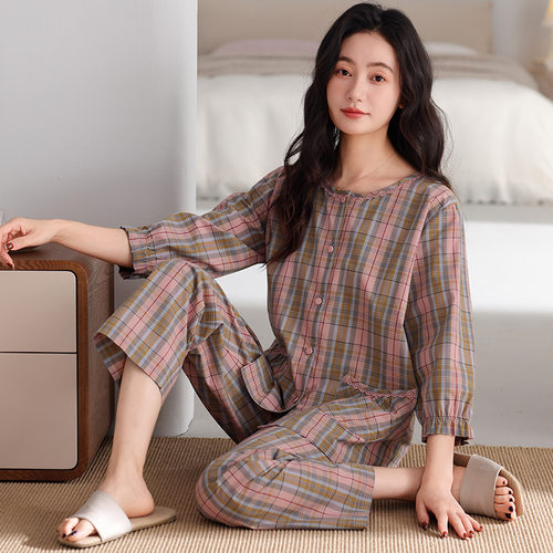 德国梭织纱布睡衣女款纯棉七分袖新款夏季全棉大码妈妈家居服