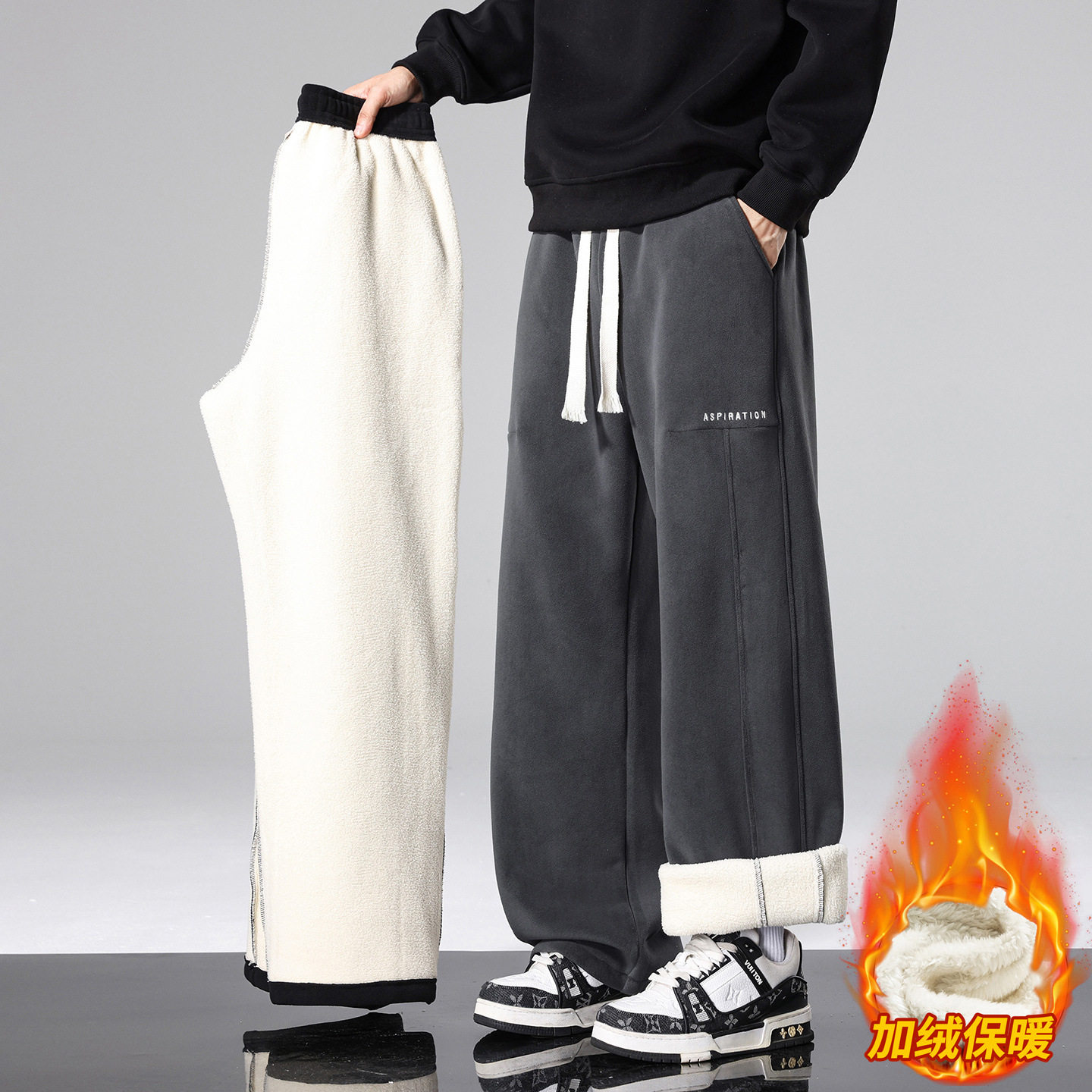 香港撤柜冬季羊羔毛裤子男孩初中学生加绒加厚保暖青少年大童直筒