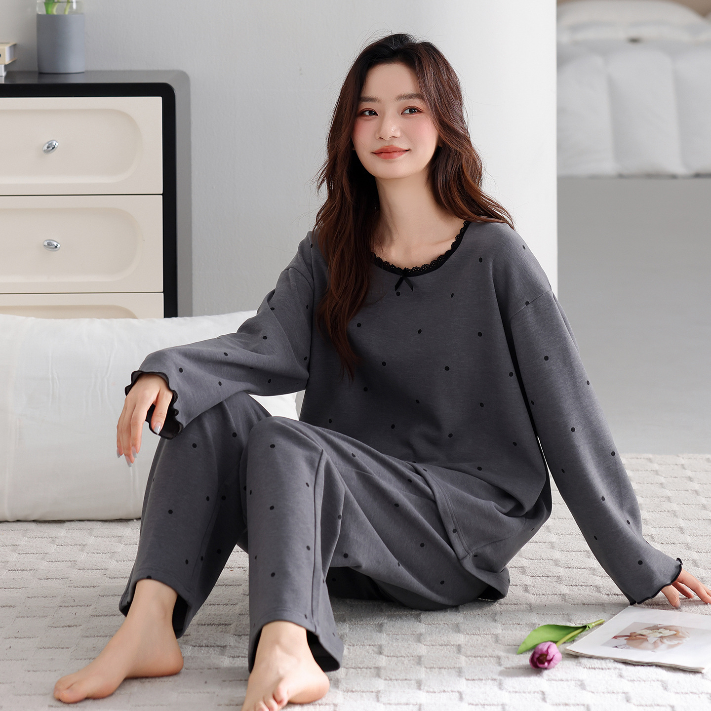 潮牌【德绒】睡衣女季加绒保暖长袖可外穿家居服薄绒宽松大码套装