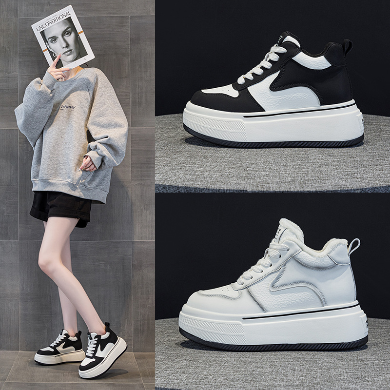 新品断码厚底高帮鞋女冬新款保暖加绒百搭真皮小个子休闲运动板鞋