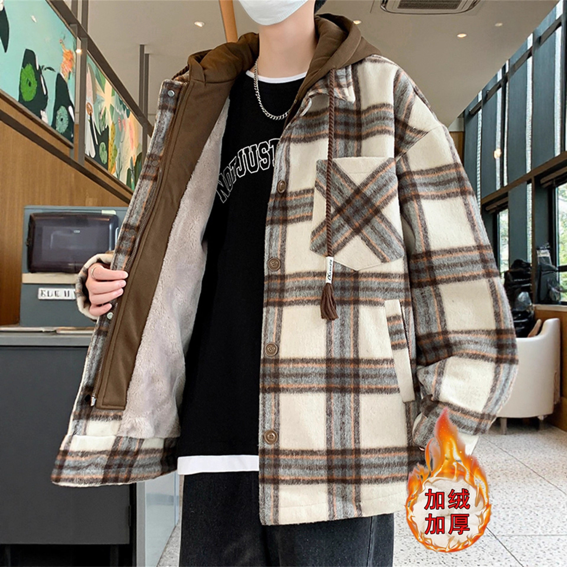 德国格子外套男生冬季加绒加厚潮牌假两件夹克男连帽保暖棉服派克