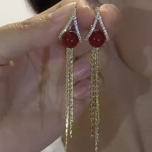 撤柜气质长款红色珠珠流苏耳环小众设计轻奢简约百搭高级洋气耳饰