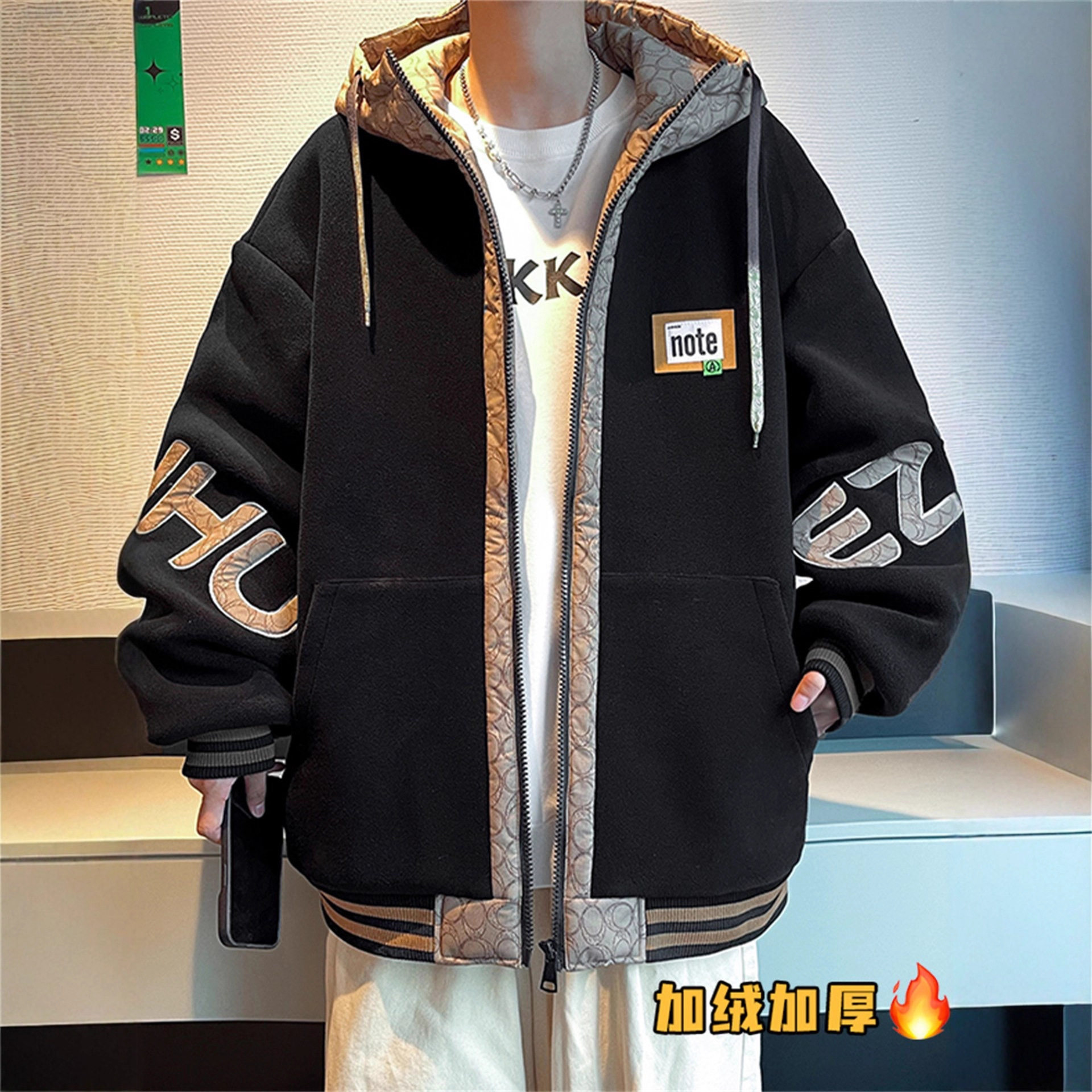 欧洲站棒球服男冬季港风宽松加绒加厚棉服外套男生青少年潮牌连帽