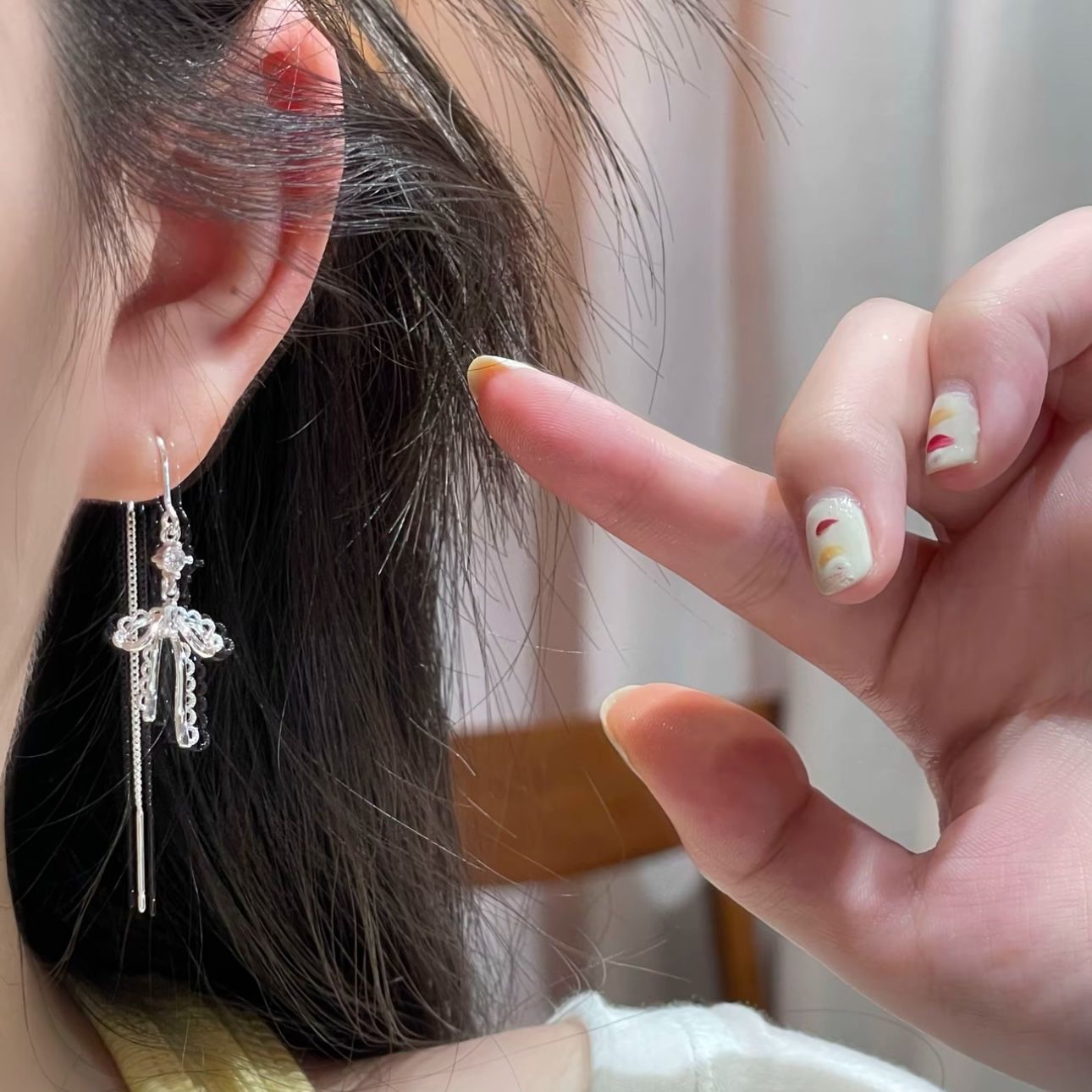 撤柜新款爆款超仙蕾丝花边蝴蝶结耳线长款流苏耳环女轻奢高级感时