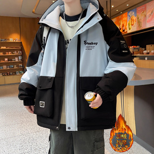 欧洲站冬款棉衣外套男孩青少年初中学生加绒加厚冲锋衣服大童冬装