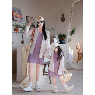 德国一起玩亲子新款母女装衬衫吊带裙套网红韩格子衬衫连衣裙两件