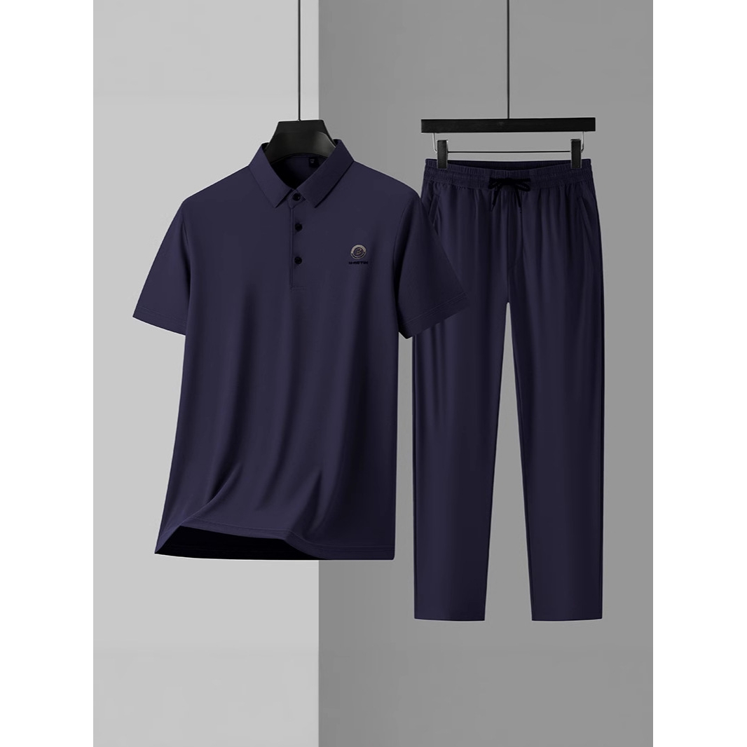 甄选时尚爸爸套装秋季薄款短袖弹力中年男装冰丝衣服休闲运动两件