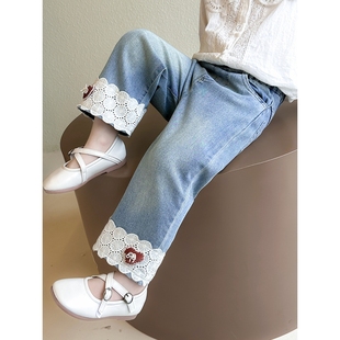 童裝 帥氣可愛季 女童洋氣網(wǎng)紅直筒褲 韓版 新款 花邊愛心闊腿牛仔褲