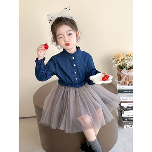 韩版 新品 牛仔网纱拼接裙童装 可爱女童2025年春款 网红连衣裙潮 新款