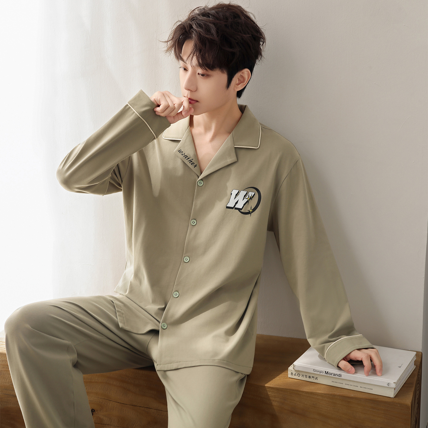 潮牌【棉】情侣睡衣女季长袖长裤新款男士纯棉纯色家居服大码套装