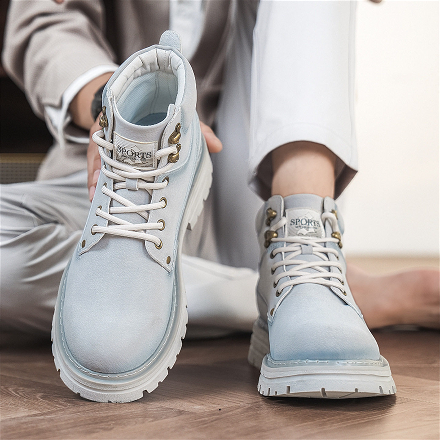 德国男靴新款白色马丁靴男高帮工装靴子男款厚底增高中帮男鞋冬季