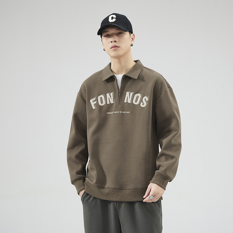 个性时尚美式复古半拉链polo男翻领长袖t恤季ins潮拍痞帅炸街高街