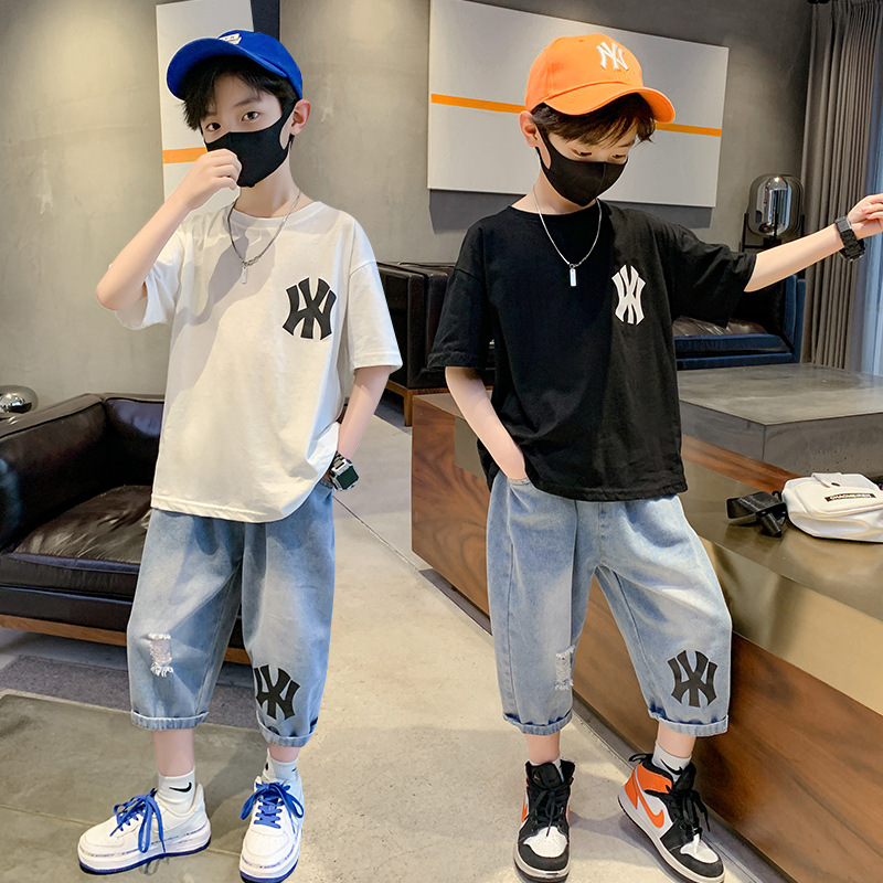 新品潮流儿童装男童夏季套装2025新款中大童短袖T恤夏款牛仔短裤