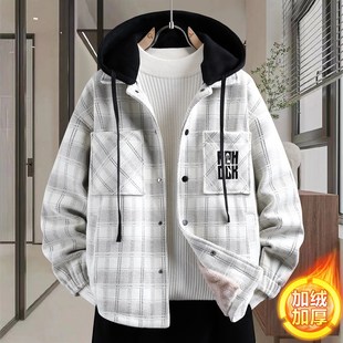 欧洲站假两件毛呢格子外套男冬季青少年加绒加厚夹克初中高中学生