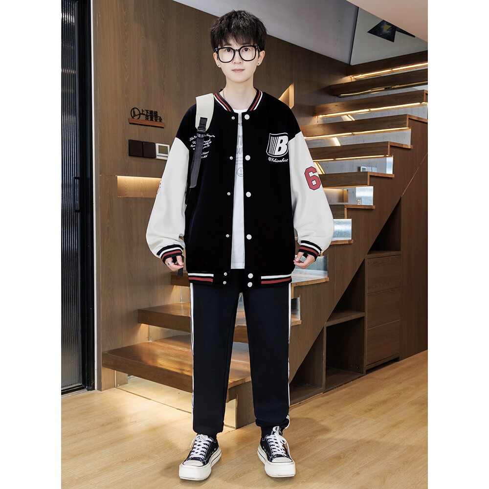 欧洲站青少年开衫卫衣套装男装季新款外套初高中学生帅气潮流棒球