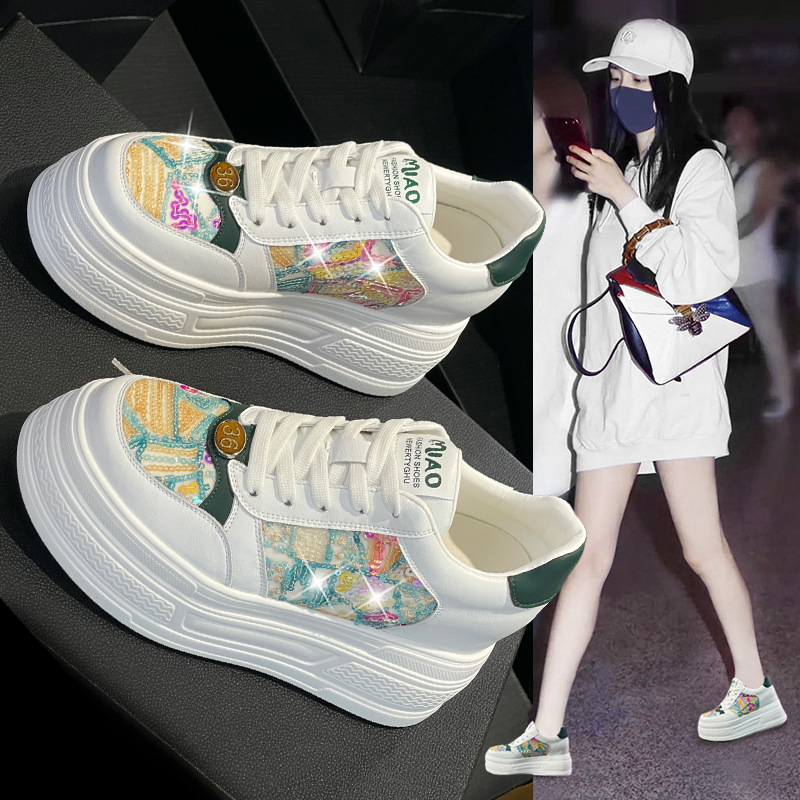 香港撤柜内增高cm松糕厚底小白鞋女季新款透气网面韩版真皮女单鞋