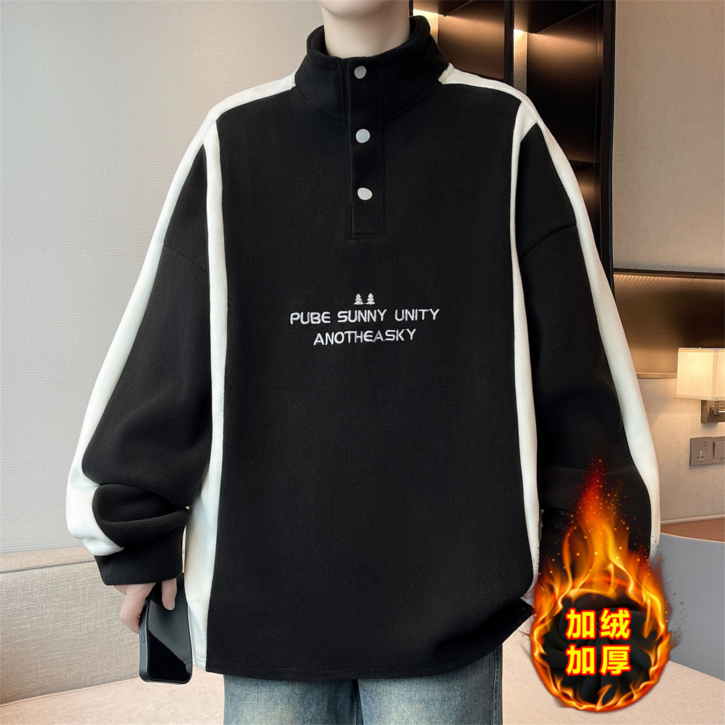 香港撤柜冬季青少年半高领卫衣男孩初中高中学生加绒加厚打底衫大