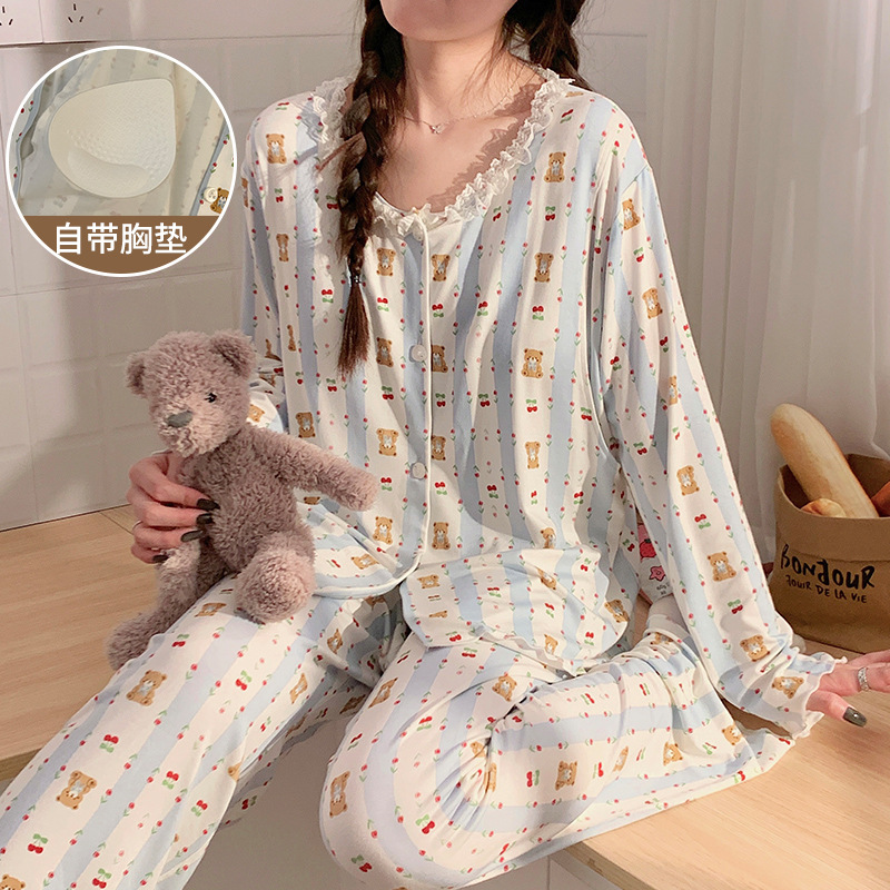 今年新品带胸垫月子服秋薄款莫代尔棉孕妇睡衣吸汗透气哺乳家居服