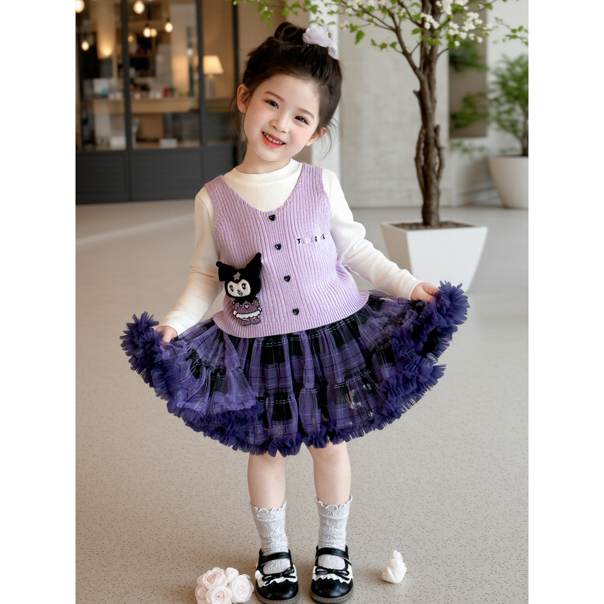 德国女童格子毛衣马甲三件套季新款韩版小香风套装童装