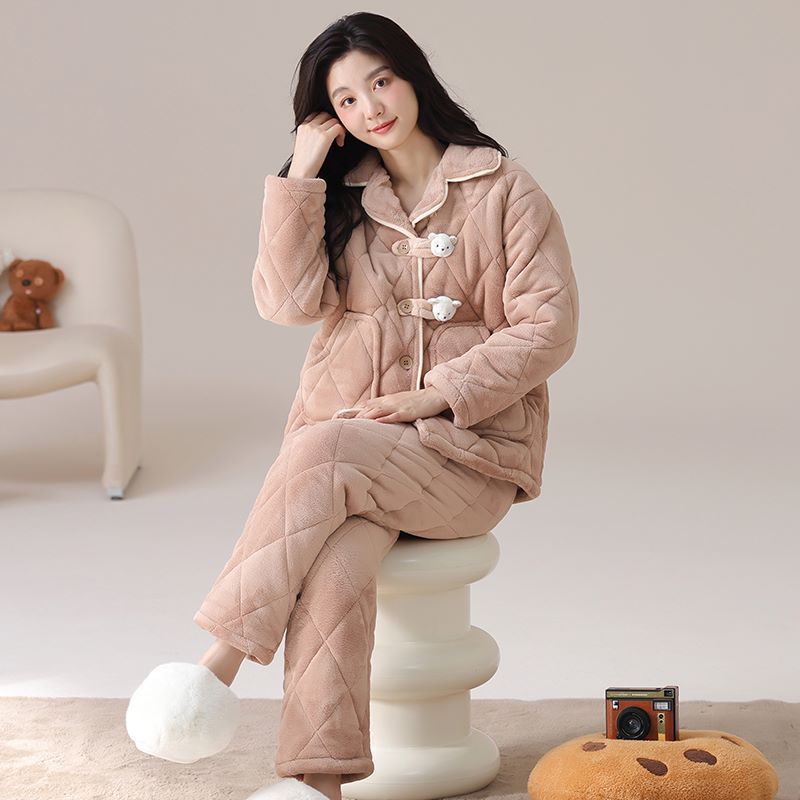 潮牌睡衣女冬季加厚加绒三层夹棉开衫保暖家居服可爱可外穿套装女