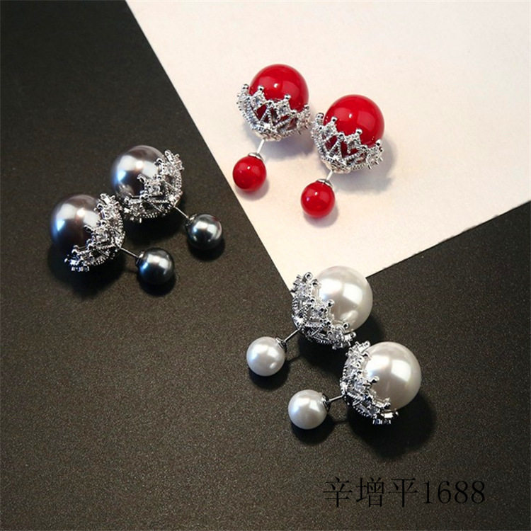 撤柜时尚高档前后气质百搭耳钉简约大小双面珍珠蕾丝镂空锆石耳环