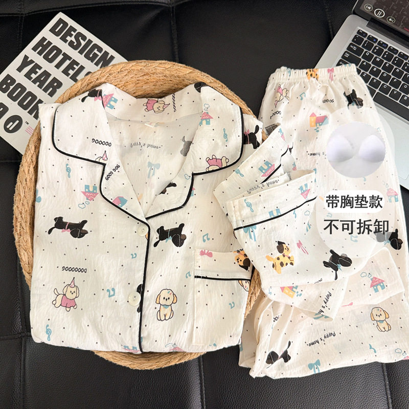 德国带胸垫大码睡衣女款新款季云朵棉纱布可爱腊肠狗长袖夏天