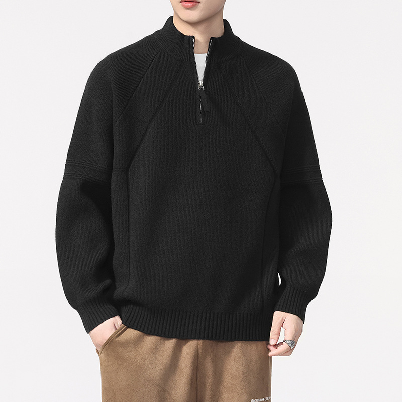 个性时尚半高领拉链毛衣男冬季新款宽松套头纯色打底针织衫男生