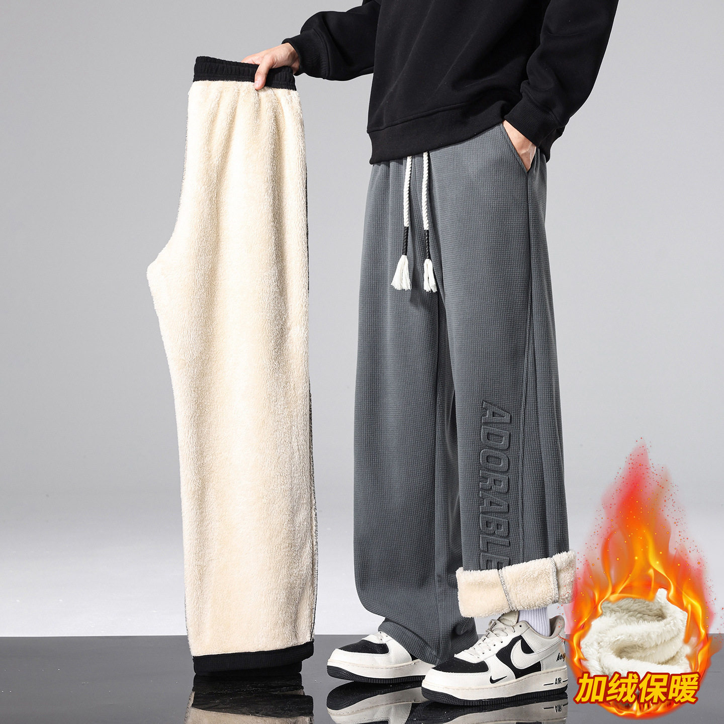 香港撤柜冬季青少年羊羔绒裤子男孩初中高中学生加绒加厚棉裤大童