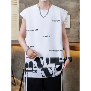 新品 t恤青少年圓領(lǐng) 高中初中生印花無袖 折扣坎肩背心男生2025夏季