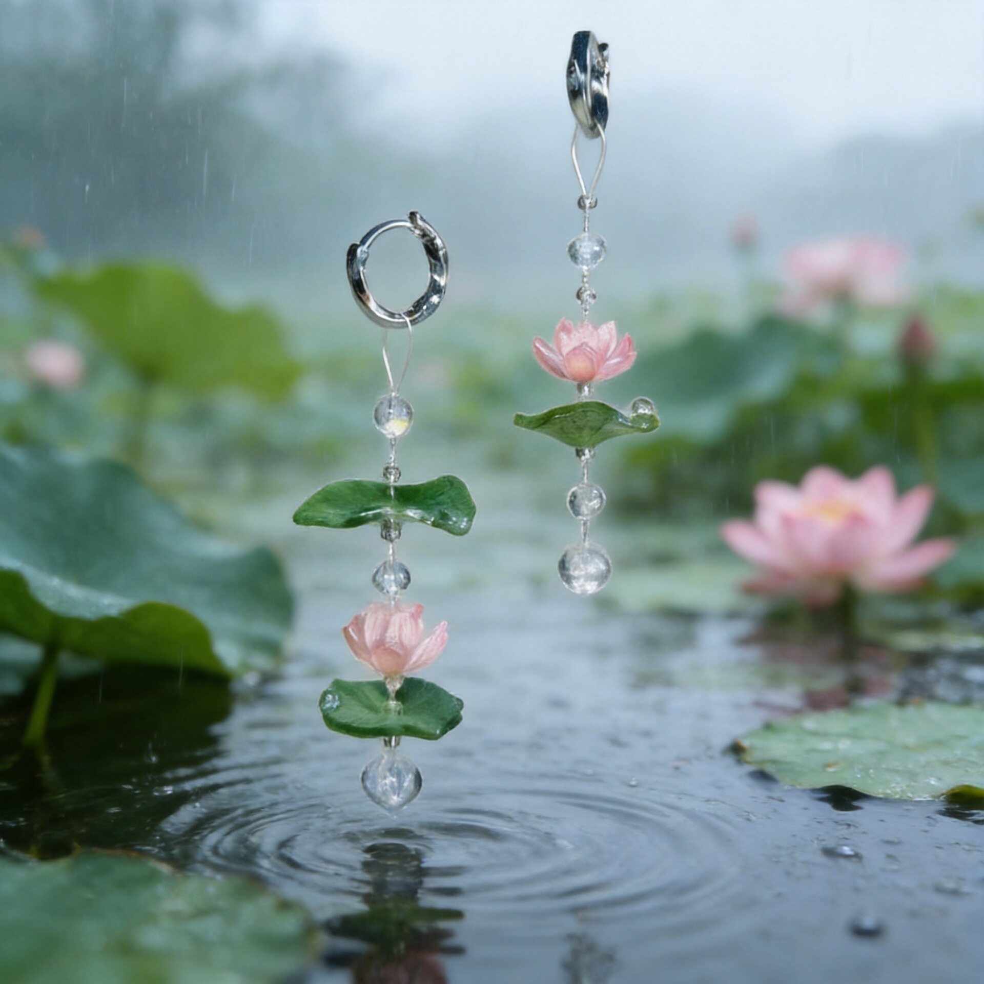 撤柜「夏雨初荷」滴胶耳扣精致古风小众设计新中式国风荷花手作耳
