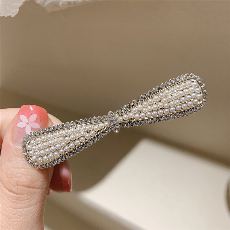 撤柜水钻珍珠蝴蝶结夹子网红复古鸭嘴夹发饰女头饰珍珠少女发夹子