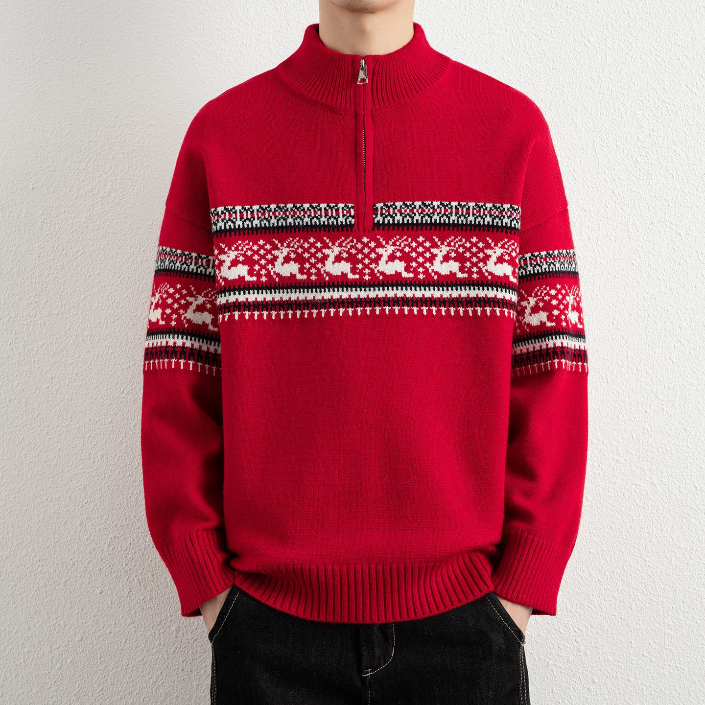 个性时尚撞色半拉链立领毛衣男冬新款潮牌宽松打底衫保暖针织衫