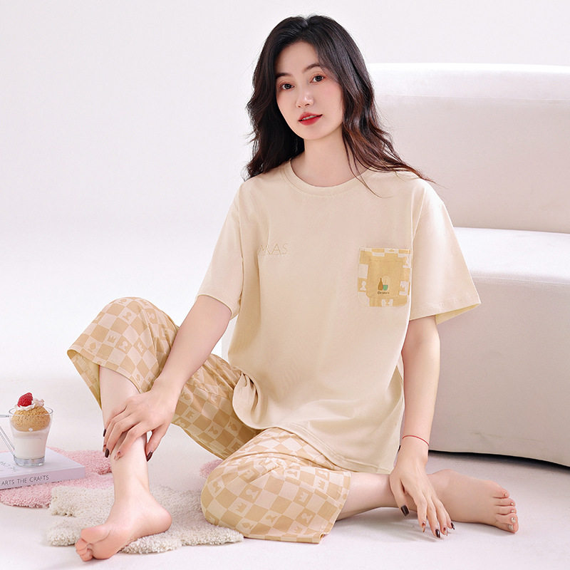德国睡衣女纯棉短袖七分裤夏季薄款透气凉感宽松休闲加大码女款家