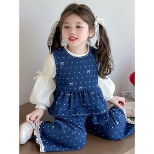 滿印蝴蝶結牛仔三件套新款 時尚 女童季 洋氣兒童套裝 新品 女孩網紅童