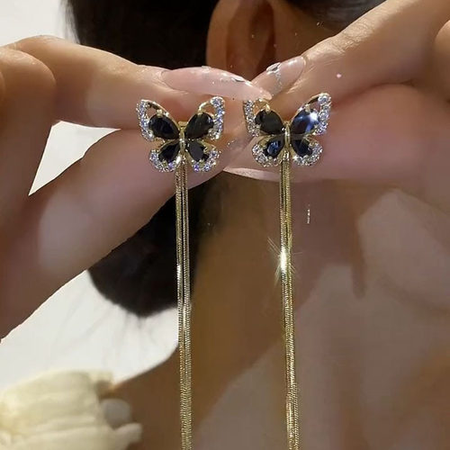 撤柜一款两戴耳针时尚气质精致百搭耳饰女镶钻蝴蝶流苏长款显脸瘦