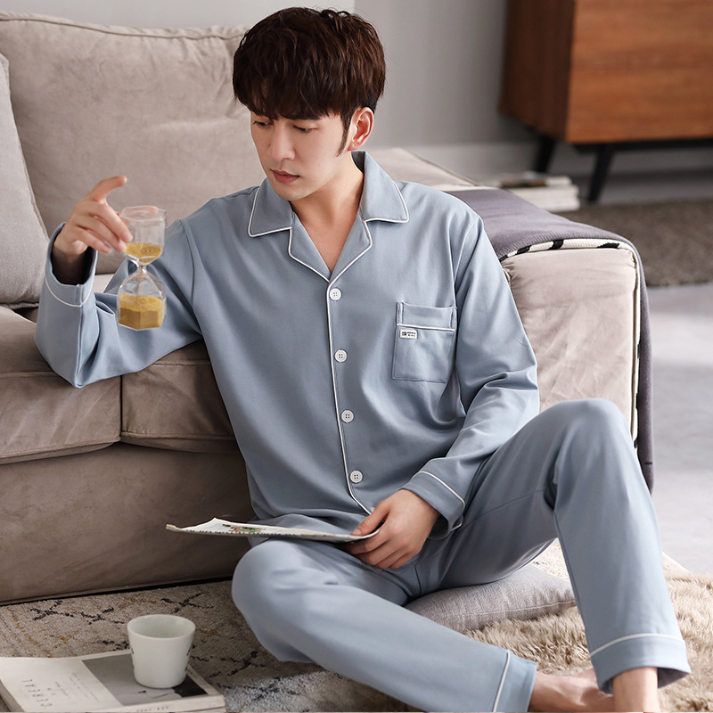 潮牌季棉质睡衣男士开衫长袖长裤简约休闲韩版家居服宽松大码套装