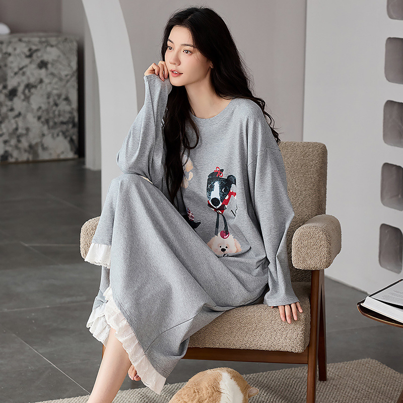 今年新品棉质新款冬季长袖睡裙香风花边睡衣款中长裙大码家居服公