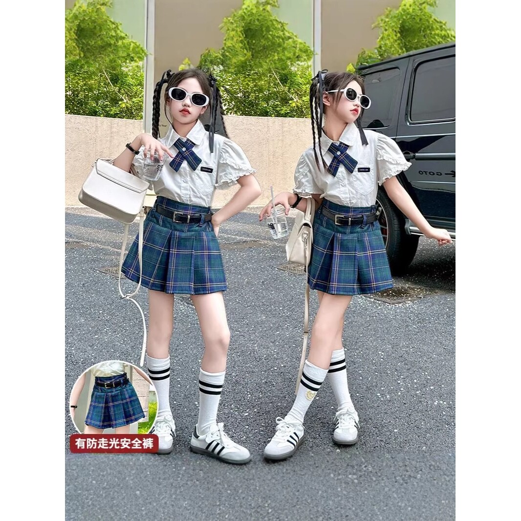 德国女童秋季JK百褶裙套装新款中大童学院风短袖衬衫短裤两件套潮