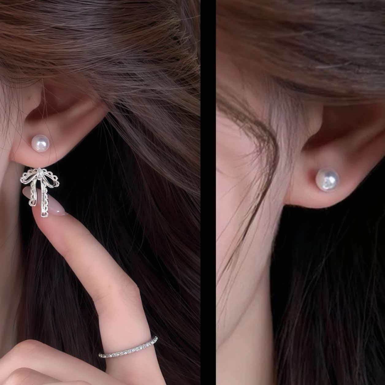 撤柜精致百搭蕾丝边蝴蝶结珍珠耳钉女前后戴小众个性时尚潮流耳环